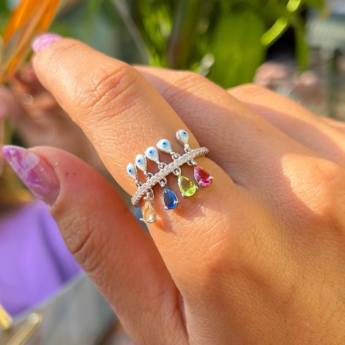 Anel cristal safira gotas olhos pendurados prata 925 aro14