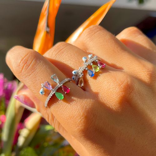 Anel Cristal Esmeralda Gotas com Olho Pendurado Prata 925 aro14