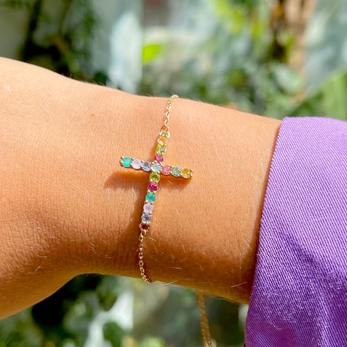 Pulseira cristal citrino cristal peridoto cristal turmalina rosa cruz cravejada