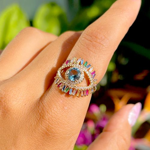 Anel cristal topazio azul cristal turmalina rosa cristal citrino olho baguetes aro16