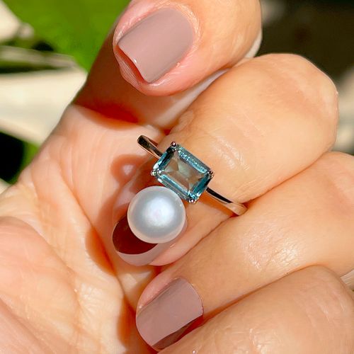 Anel Retângulo Cristal Topázio Azul Pérola Prata 925 aro14