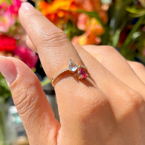 Anel cristal turmalina rosa cristal topazio azul zirconia branca duas gotas aro14