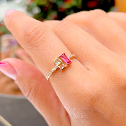 Anel cristal turmalina rosa cristal ametista verde cristal morganita geometrico aro18