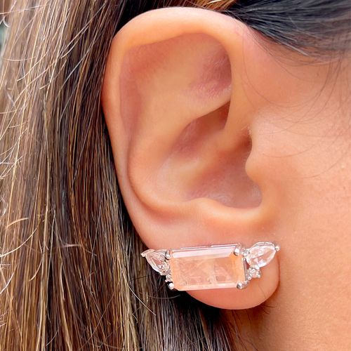 Brinco fusion morganita cristal morganita zirconia branca retangulo