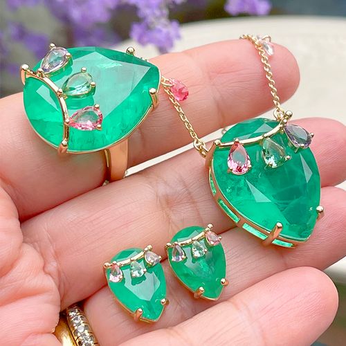 Anel fusion esmeralda cristal ametista cristal turmalina rosa gota princesa aro22