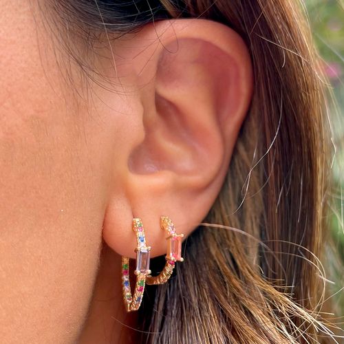 Brinco cristal ametista zirconia colorida fininho