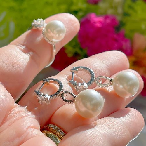 Brinco pérola zircônia branca prata 925