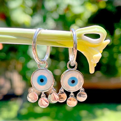 Brinco cristal turquesa madre perola argola com olho grego