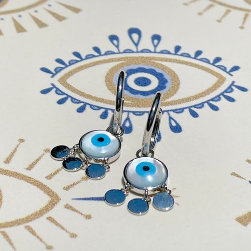 Brinco cristal turquesa madre perola argola com olho grego