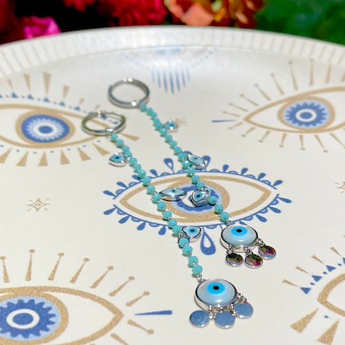 Brinco cristal turquesa madre perola argola com olho grego pendurado