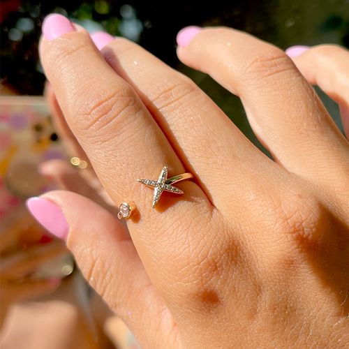 Anel zirconia branca estrela 4 pontas aberto aro22