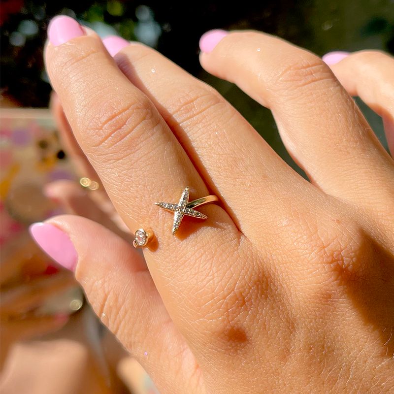 Anel-Estrela-4-Pontas-Aberto-Zirconia-Branca-Banho-de-Ouro-18K-