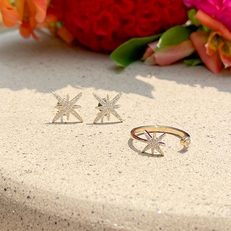 Anel-Estrela-4-Pontas-Aberto-Zirconia-Branca-Banho-de-Ouro-18K-