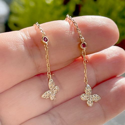 Brinco zirconia vermelha zirconia branca corrente borboleta