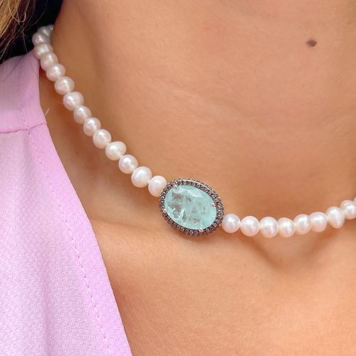 Colar fusion turmalina light perola zirconia rosa oval bordado 40cm