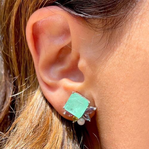 Brinco fusion esmeralda colombiana cristal turmalina rosa perola arranjo