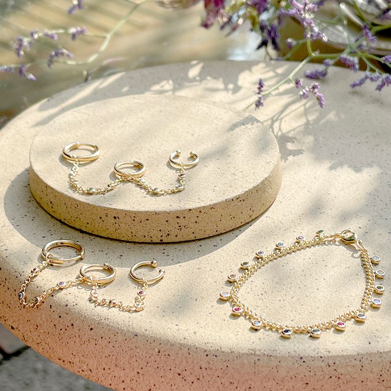 Brinco-Ear-Chain-Cristal-Turmalina-Rosa-Banho-de-Ouro-18K