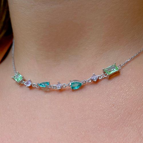 Colar Cristal Topázio Azul Formas Prata 925 51cm
