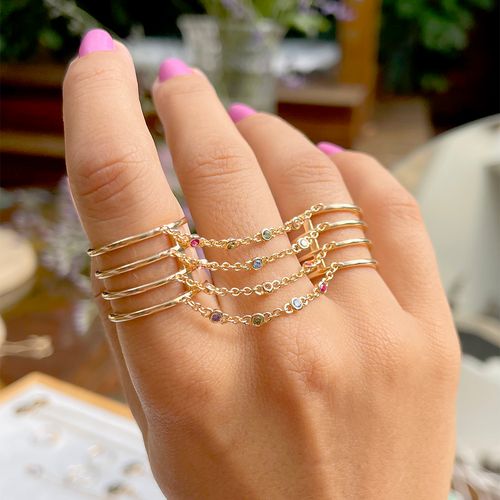 Anel Duplo Correntes Cristal Turmalina Rosa Banho de Ouro 18K aro14 (super promoção)