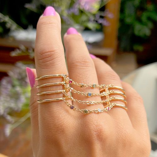 Anel Duplo Correntes Cristal Turmalina Rosa Banho de Ouro 18K aro14 (super promoção)