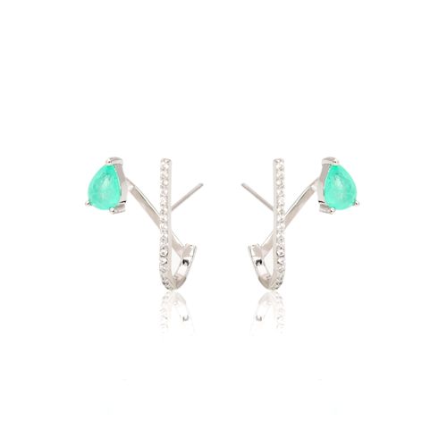 Brinco Fusion Esmeralda Colombiana Gota Cravejado V Prata 925