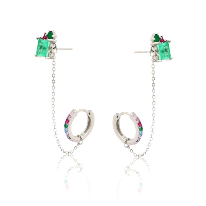 Brinco-Ear-Chain-Fusion-Esmeralda-Colombiana-Quadrado-Prata-925