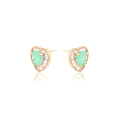 Brinco fusion esmeralda colombiana zirconia branca coração cheio bordado
