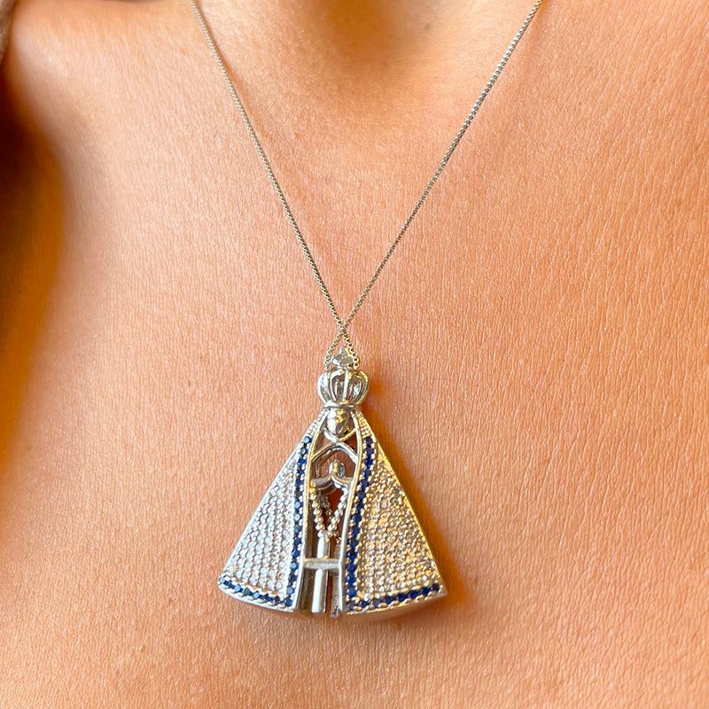 Colar-Nossa-Senhora-Aparecida-Zirconia-Azul-Banho-de-Rodio-Branco
