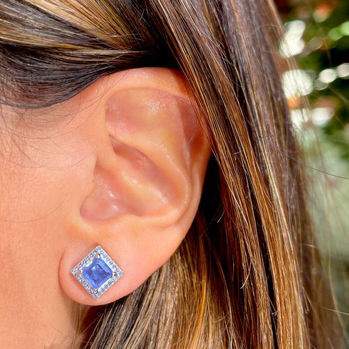 Brinco fusion tanzanita quadrado cravejado prata 925