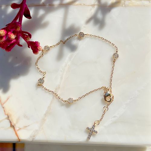 Pulseira zirconia branca redondos e cruz 21cm