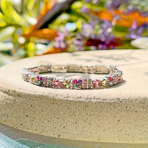 Pulseira Cristal Turmalina Rosa Formas Prata 925 17cm