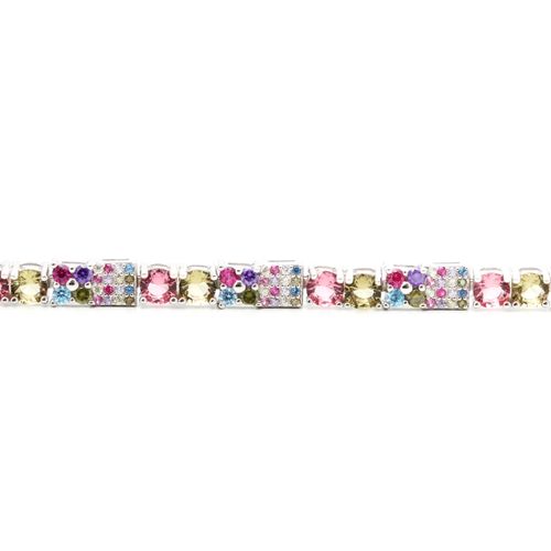 Pulseira Cristal Turmalina Rosa Formas Prata 925 17cm