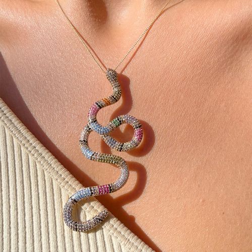 Colar Serpente Zircônia Colorida Banho de Ouro 18K 62cm (promoção 50%)