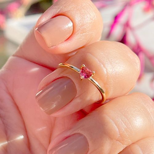 Anel Cristal Turmalina Rosa Coração Banho de Ouro 18K aro17