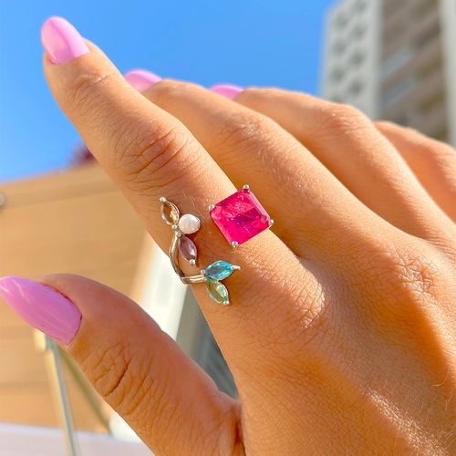 Anel Aberto Fusion Turmalina Rosa Quadrado Navetes Prata 925 aro23