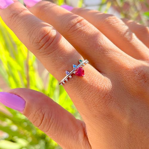 Anel Cristal Turmalina Rosa Coração Prata 925 aro14