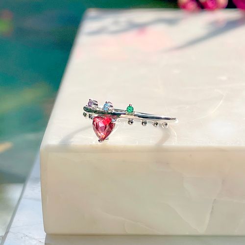 Anel Cristal Turmalina Rosa Coração Prata 925 aro14