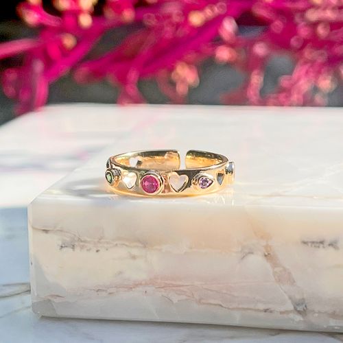 Anel Cristal Topázio Azul Formas Coração Vazado Banho de Ouro 18K aro15 (promoção 50%)