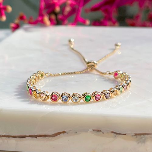 Pulseira Cristal Rubi Inteira Bolinhas Banho de Ouro 18K