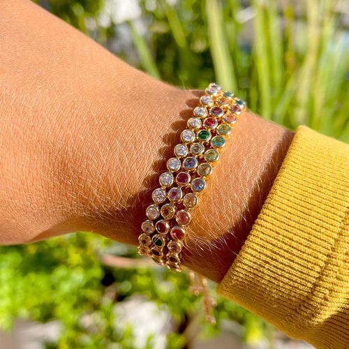 Pulseira Cristal Rubi Inteira Bolinhas Banho de Ouro 18K