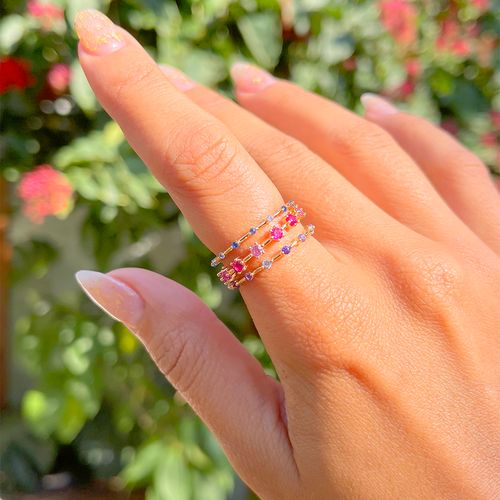 Anel Cravejado Trio Cristal Turmalina Rosa Banho de Ouro 18K aro19
