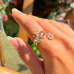 Anel-Cristal-Topazio-Fume-Abelha-Flor-Aberto-Banho-de-Ouro-18K