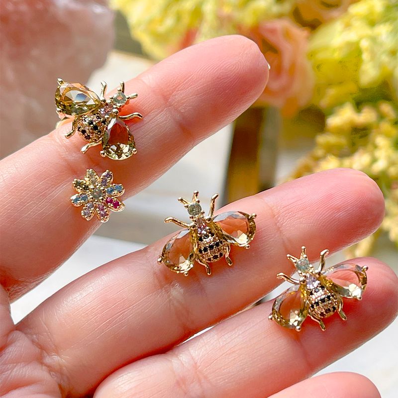 Anel-Cristal-Topazio-Fume-Abelha-Flor-Aberto-Banho-de-Ouro-18K