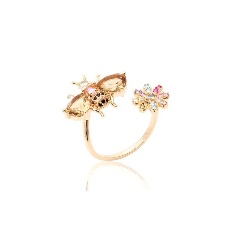 Anel-Cristal-Topazio-Fume-Abelha-Flor-Aberto-Banho-de-Ouro-18K
