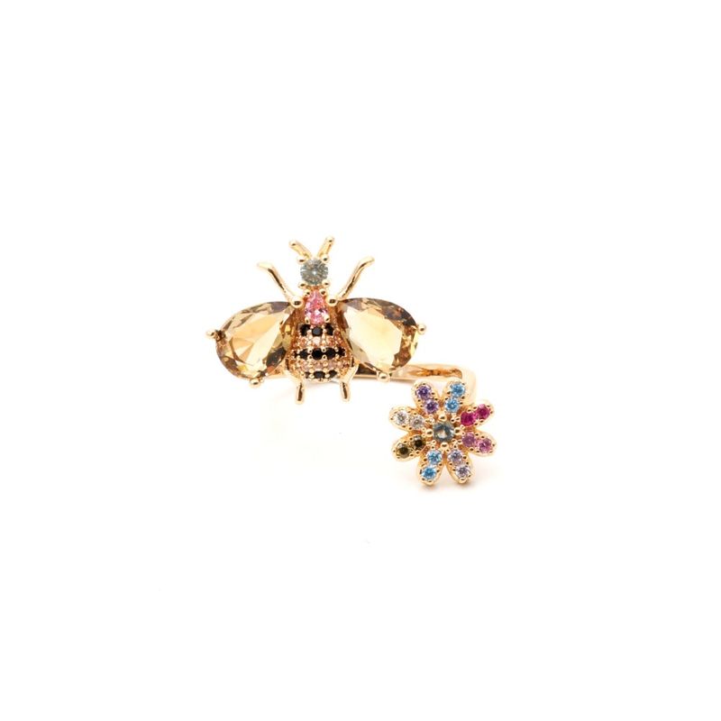 Anel-Cristal-Topazio-Fume-Abelha-Flor-Aberto-Banho-de-Ouro-18K