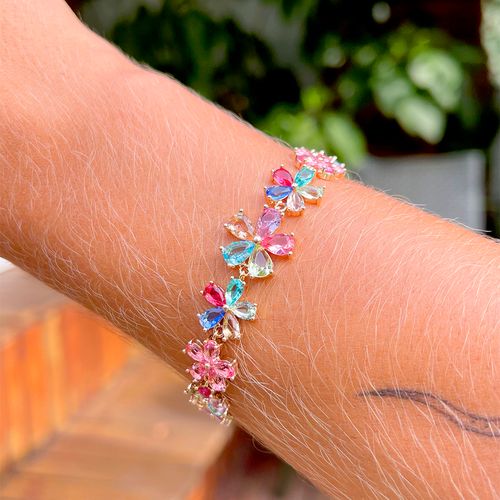 Pulseira Cristal Ametista  Flores Banho de Ouro 18K 17cm
