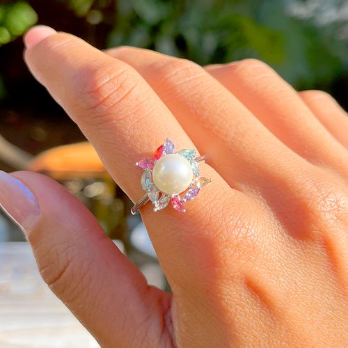 Anel pérola catavento cristal podange prata 925 aro17