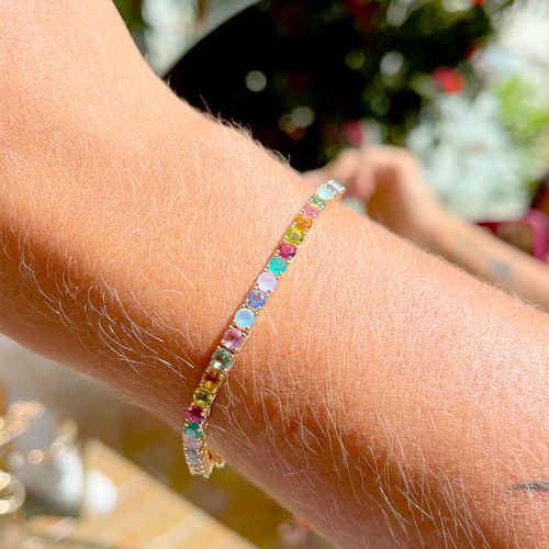 Pulseira Riviera com Cristais de Citrino, Peridoto e Turmalina Rosa - 16cm - Banho de Ouro 18k