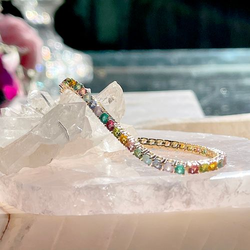 Pulseira Riviera com Cristais de Citrino, Peridoto e Turmalina Rosa - 16cm - Banho de Ouro 18k
