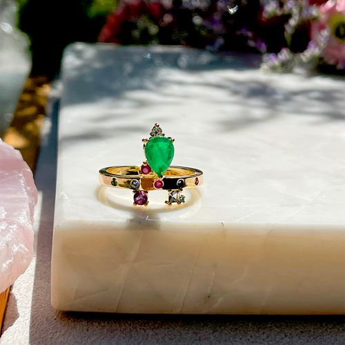 Anel Gota Coroa Fusion Esmeralda Banho de Ouro 18K aro21 (promoção 50%)